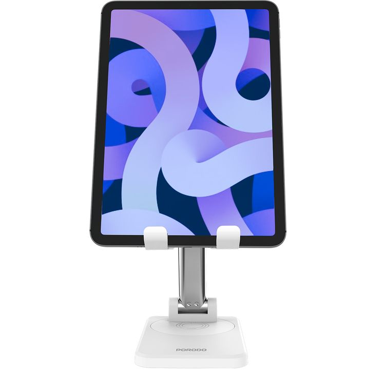 Porodo Desktop Phone & Tablet Stand with Adjustable Telescopic Rod, Up to 12.9-inch Compatibility, 360° Rotating Base, 350g Maximum Load, Anti-Slip Base, ABS & Silicone Materials - White