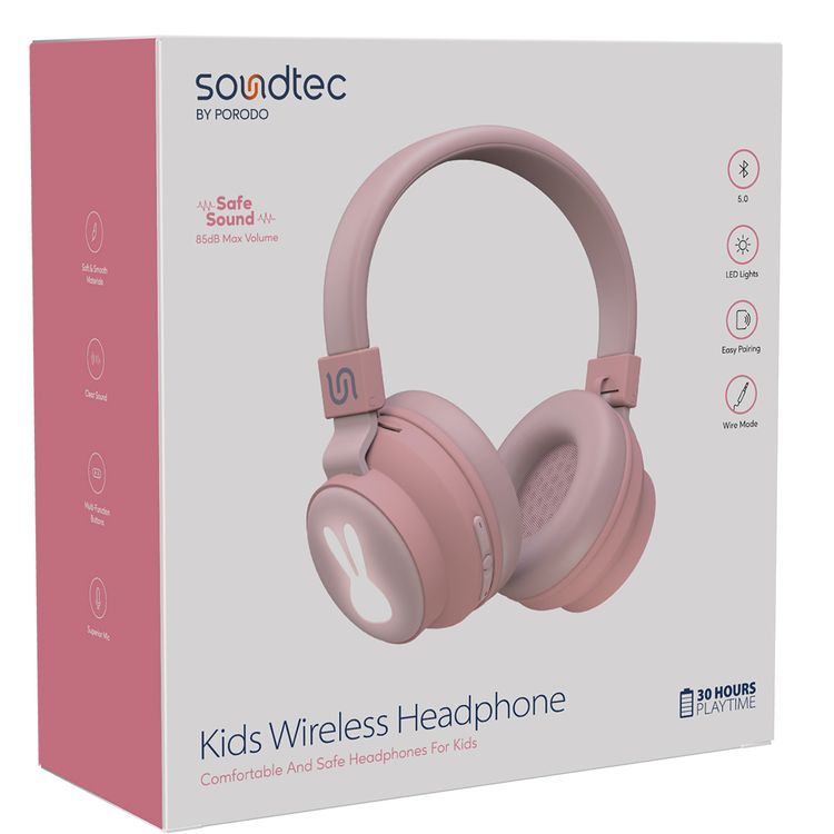 Porodo Soundtec Kids Rabbit Wireless Headphones with Clear Sound, Superior Microphone, LED Lights, Up to 30 Hours Playtime, 10m Bluetooth Range - Pink