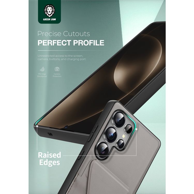 Green Lion Classio Stand Leather Case for Samsung S25 Ultra with Card Holder, Anti-Scratch, Foldable Stand, Comfortable Grip, Drop & Camera Protection - Titanium