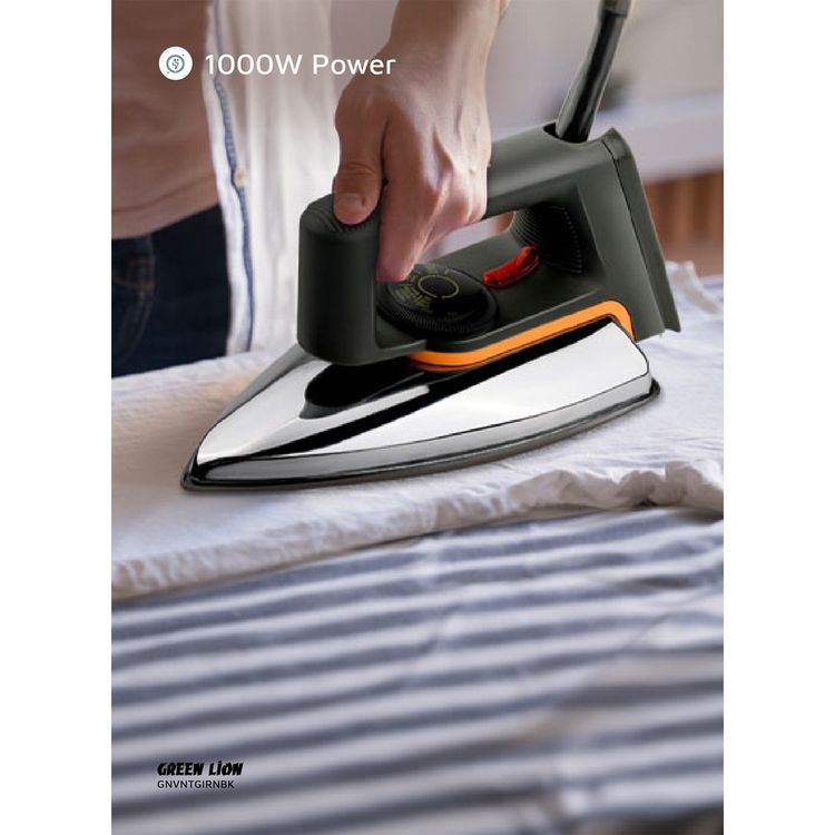 Green Lion Vintage Iron with 1000W Rated Power, Adjustable Thermostat, Indicator Light, Dry Function, Non-Stick Sole Plate, Overheat Protection - Black / Silver