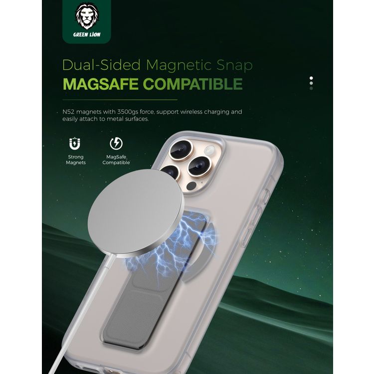 Green Lion Grip 360 MagSafe Case for iPhone 16 Pro with Leather Grip Strap, Camera Protection, Multi Functional Design, Scratch Resistant, Foldable Stand - Gray