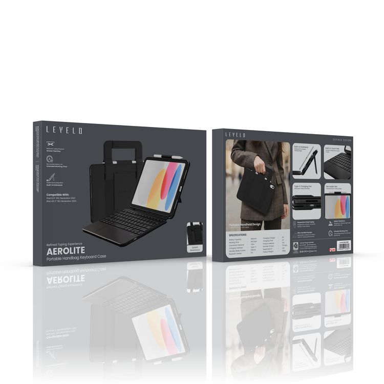 Levelo Aerolite Portable Handbag Keyboard Case with Responsive and Quiet Typing, Splash Resistance, Type-C Charging Port, Pen Holder Slot, Built-in Touch Pad & Kickstand, Ultra-Durable Keycaps, Extended Working Time, Bluetooth Version 5.4, 2 Hours Charging Time, TPU Material - Black