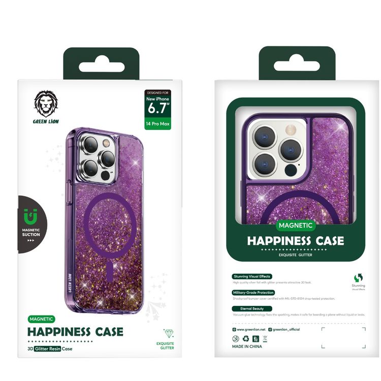 Green Lion Magnetic Happiness 3D Glitter Resin Case for iPhone 14 Pro - Pink