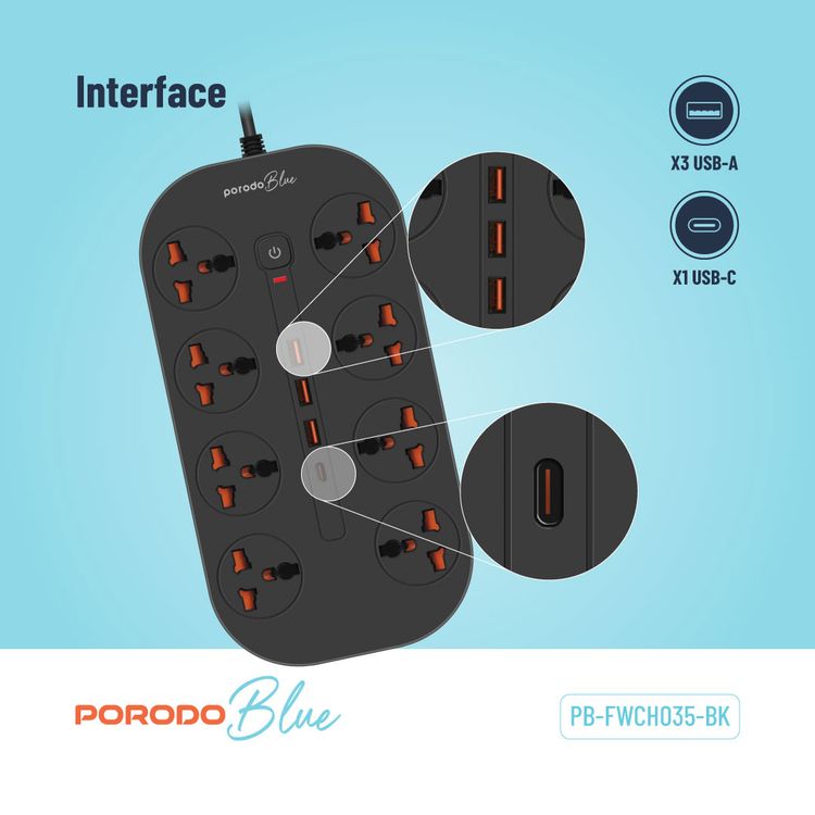 Porodo 8AC Universal Power Strip with Premium Materials, Safety Shutters, 13A Maximum Current, 3m Cable Length - Black