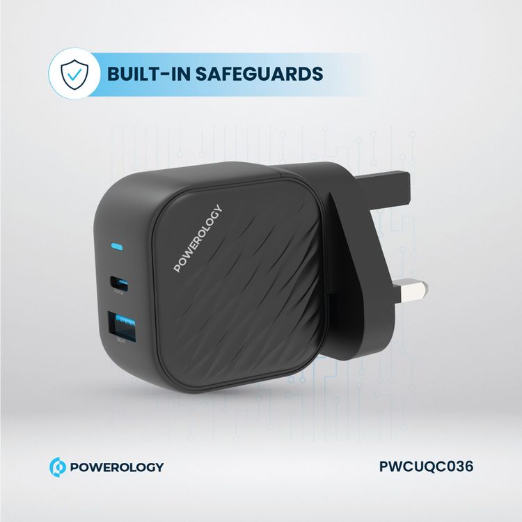 Powerology GaN Dual-Port Wall Charger with 45W Power Delivery, Built-in Safeguards, Universal Compatibility, 1.2A Rated Current, AC 100-240V Rated Voltage - Black