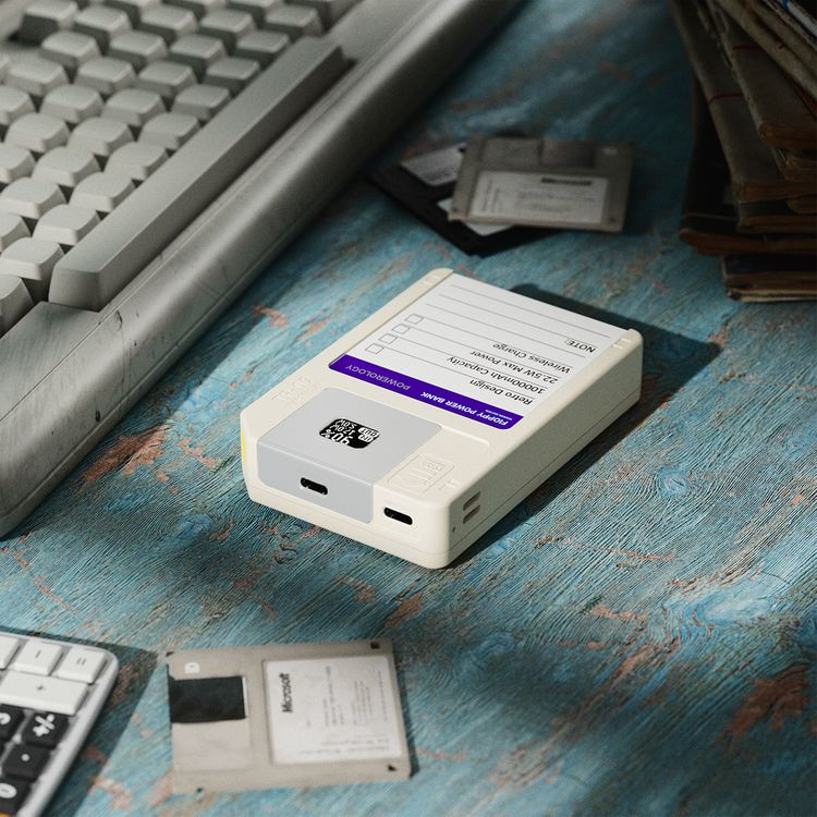 Powerology Floppydisk Retro 10000mAh MagSafe Powerbank with OLED Display Screen, Multi-Protocol Fast Charging, Universal Compatibility, 64GB Storage Capacity, High-Speed Data Storage, Fire-Resistant PC Material - White