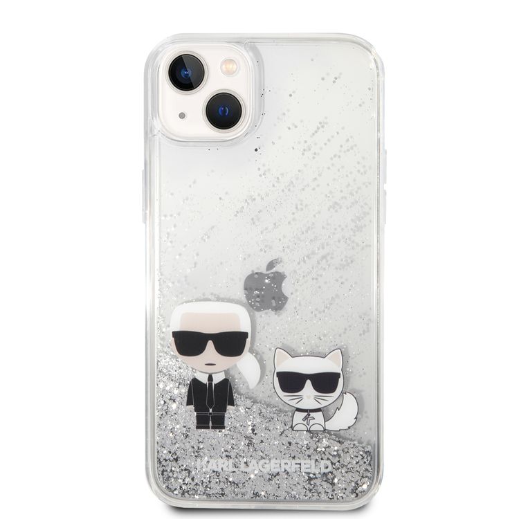 Karl Lagerfeld Liquid Glitter Silicone Case Karl and Choupette Protector iPhone 14 Plus Compatibility - Silver