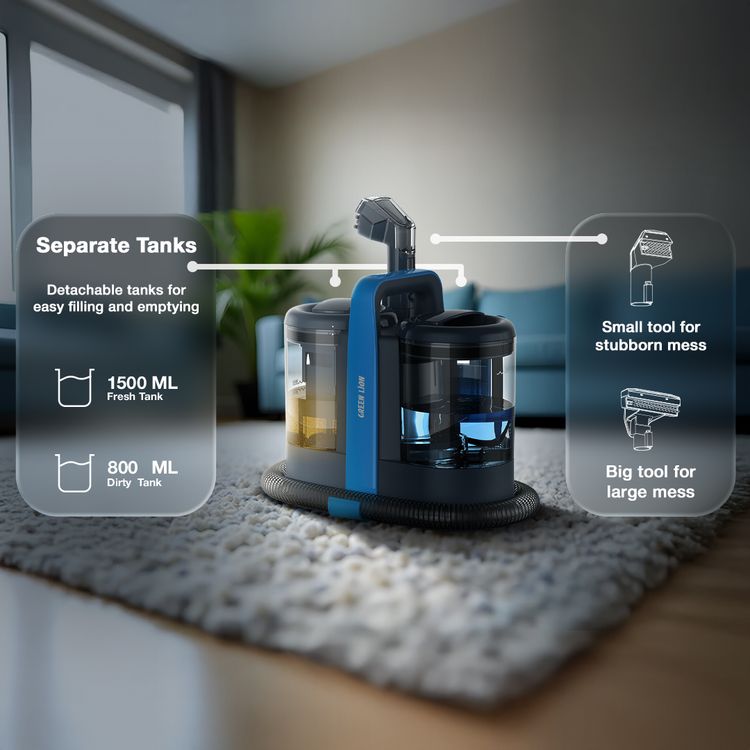 منظف السجاد جرين ليون برو، سعة خزان التنظيف 1500 مل، قوة محرك 600 واط، تنظيف طويل المدى، خزانين للماء، سهل التخزين - أزرق