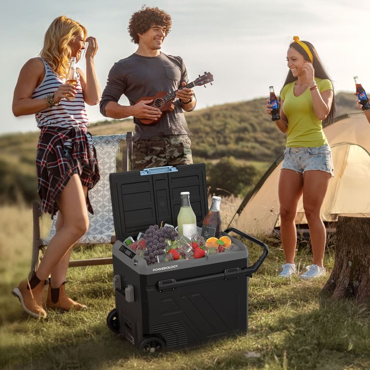 ثلاجة باورولوجي المحمولة مع حجرتين وعربة، سعة 60 لتر، 57 واط، سعة بطارية 20800 مللي أمبير - رمادي