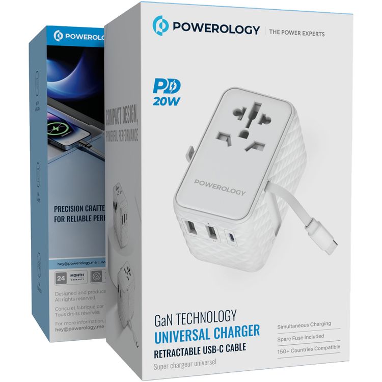 Powerology GaN 20W PD Universal Adapter with Retractable Type-C Cable, Simultaneous Charging, Includes Spare Fuse, Built-In Safeguard - White