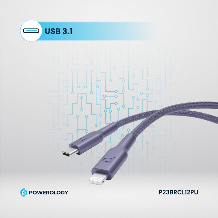 كيبل باورولوچي مضفر USB-C إلى Lightning للشحن مع الشحن السريع ونقل البيانات، توصيل طاقة 60 واط، توافق عالمي، طول الكابل 1.2 متر - بنفسجي