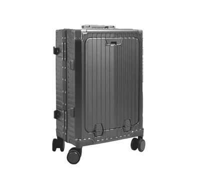 Levelo RoamRollers 20" Travel Luggage with Aluminum Body Material, USB-A & USB-C Output Ports, Metal Corner Protection, Front Pocket Compatible with Up to 15.6" Laptop, Phone and Cup Holder, Silent Spinner Wheels - Titanium Gray