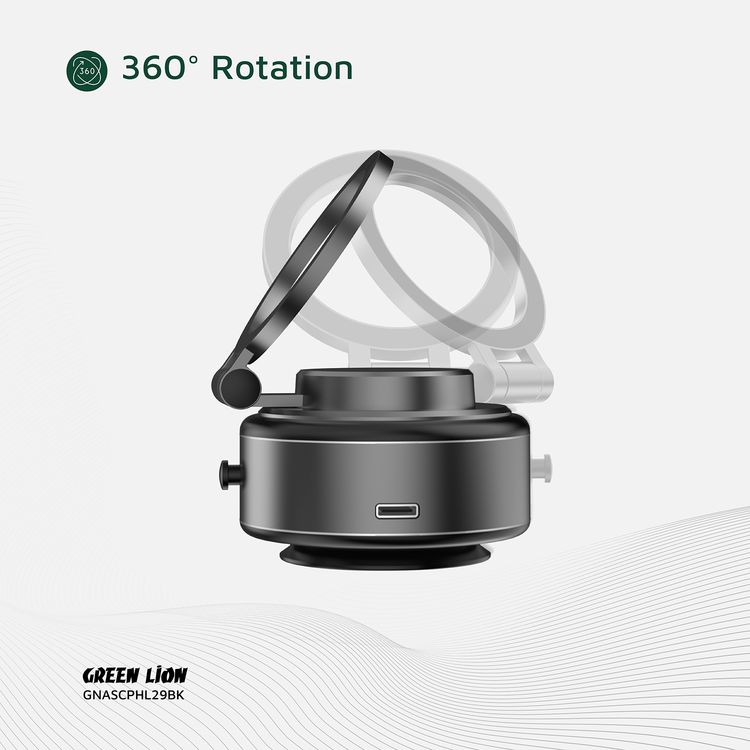حامل الهاتف Green Lion GX-29 مع شفط تلقائي ودوران 360°، كوب شفط قوي، إمتصاص 1.5 كجم، تشغيل بيد واحدة، متوافق مع ماغسيف، شحن Type-C، وقت عمل 14 يومًا - باللون الأسود غير اللامع.