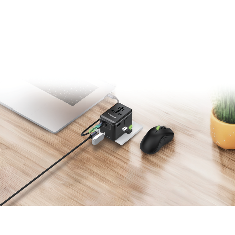 Porodo 5Gbps USB Hub Universal Travel Adapter with 65W GaN Charger, 1000-2500W Rated Power, 3 USB-C & USB-A Ports, 480Mbps-5Gbps USB-C Transfer Speed, 5Gbps USB-A Transfer Speed, Spare Fuse Included, Supports Plugs in 150+ Countries - Black