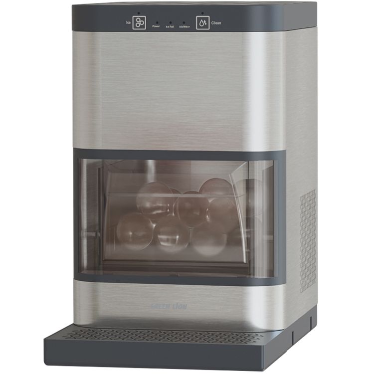 صانع كرات الثلج الكريستالية من جرين ليون بسعة خزان ماء 1.2 لتر، تبريد بالضاغط، صينية تقطير قابلة للإزالة، تنظيف ذاتي تلقائي، لوحة تحكم باللمس، تشغيل هادئ، تصميم يوضع على سطح العمل - فضي