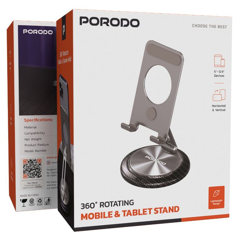 حامل الهاتف والتابلت الدوار 360° من Porodo بزاوية مشاهدة مرنة، متوافق مع الهواتف والأجهزة اللوحية من 4.7" إلى 12.9"، أوضاع أفقية وعمودية، تصميم قابل للطي - رمادي