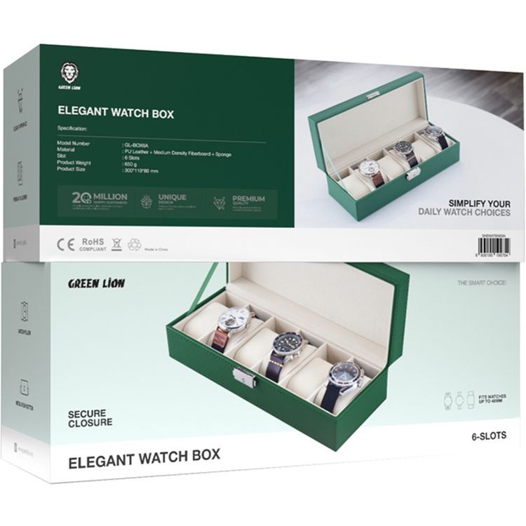 Green Lion Elegant Watch Box 6 Slots, Lightweight & Portable, Elegant Appearance, Metal Push Button, 6 Pillow-lined Spaces - Green