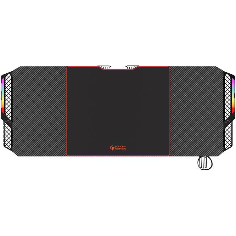 Porodo Gaming E-Sports Gaming Desk with Rubber Mousepad, Built-in Headphone Mount, Cup Holder & Cable Management Box, RGB Lighting Panel, Large Surface - Black
