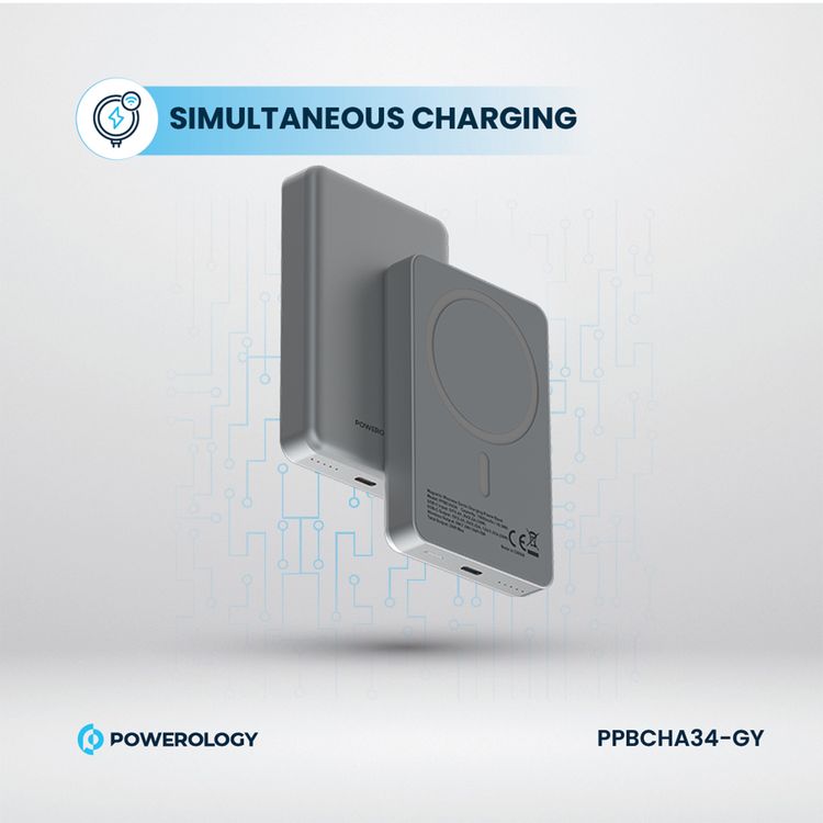 Powerology 10000mAh MagSafe Aluminum Power Bank with Battery Level Indicator, Lightweight & Compact Design, Fast & Simultaneous Charging, Type-C Input & Output, 15W Wireless Output - Gray