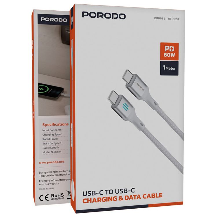 Porodo USB-C to USB-C Charging & Data Cable with 60W Power Delivery, 1m Cable Length, Braided Cable with Tangle-Free Design, 480Mbps Data Transfer Speed, Fast Charge - Silver