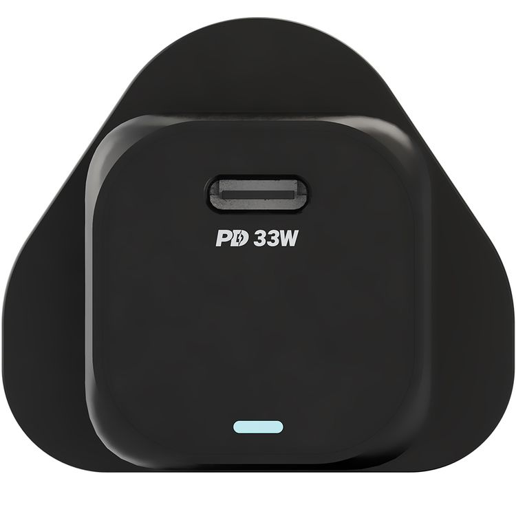 Powerology 33W GaN PD Charger with 1.2m USB-C to USB-C Cable, UK 3-Pin Plug, Built-in Safeguards, 0%-60% Charge in 30 Minutes, USB-C Fast Charging - Black