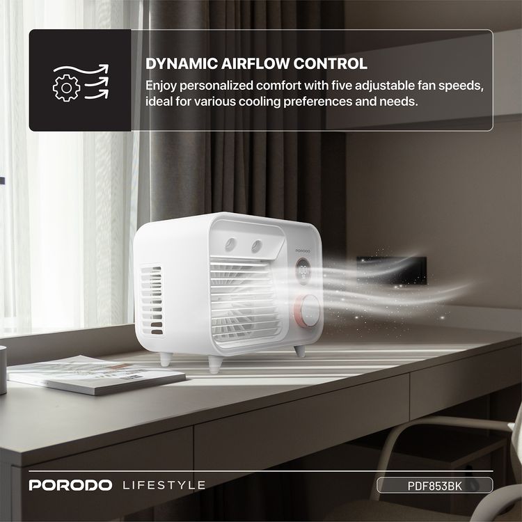 Porodo Mini Mist Fan Desktop Air Cooler with LED Display & Knob Control, 250mL Tank Capacity, 2000mAh Battery, 7.4W Rated Power, Up to 7 Hours Working Time, USB-C Charging Port, 5 Speed levels, Instant Cooling Mist - White