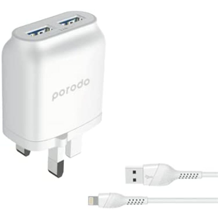Porodo Main Charger, Dual USB Wall Charger 2.4A with Improved Version PVC Lightning Cable, Fast Charging, Over-heat Protection 1.2m White - UK