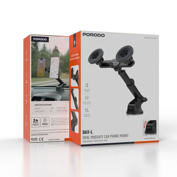 Porodo DAX-L Dual MagSafe Car Phone Mount with 360° Adjustable Telescopic Arm, Dual Phone Holder, Strong Suction Base, Lock and Unlock Function, ABS Material, Adjustable Height, Multi-Surface Mounting, 15× Strong N52 Magnets - Black