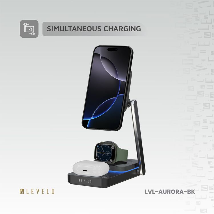 Levelo Aurora 3-in-1 Wireless Charger with Strong Magnetic Force, 90° Rotation, 15W Fast Charging, Auto Detecting Object, Overcharge Protection - Black