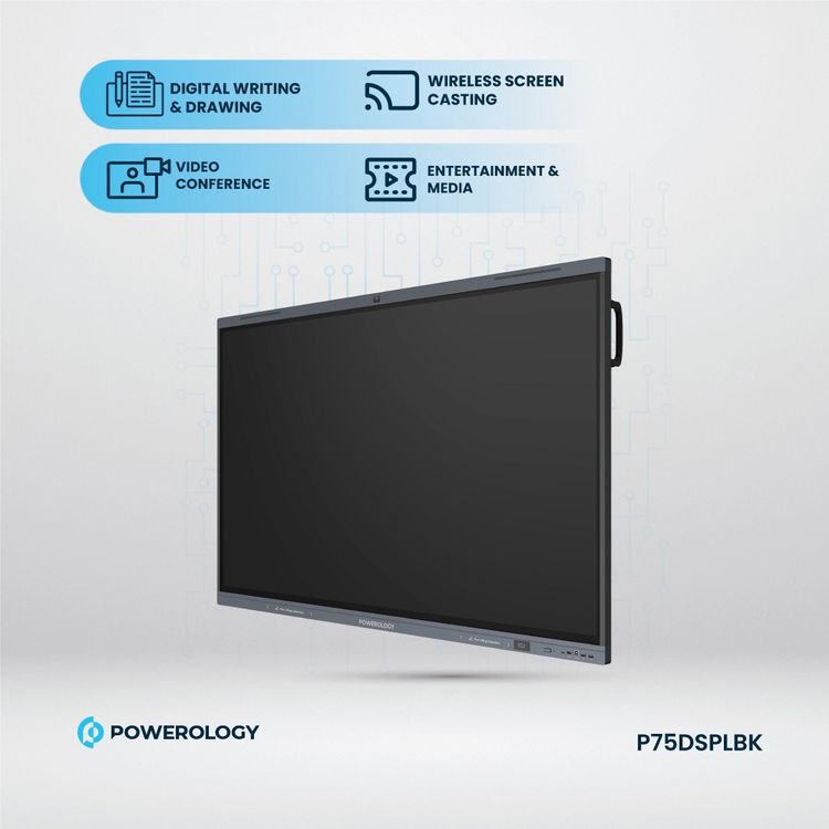 Powerology Dual Windows & Android Interactive Smartboard, 75" Screen Size, 16GB RAM, 256GB Storage, Bluetooth V5.0, Digital writing & Drawing, 500W Power, Wireless Screen Casting - Black