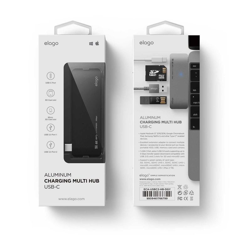 Elago Aluminum Multi Hub Type-C, SD Card Reader, MicroSD Card Reader, & two USB 3.0 ports, Multiple Devices All at Once (2W MAX), Perfect Travel Buddy! Stable Power Supply - Black