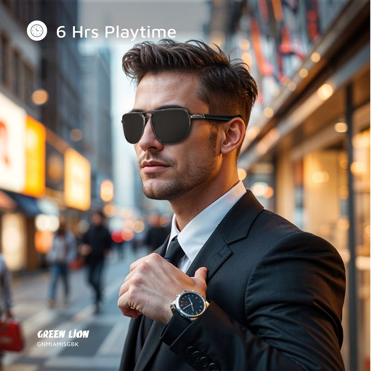 Green Lion Miami Smart Glasses, 85mAh Battery Capacity, Bluetooth Version 5.3, Magnetic Charging Time, 70 Minutes Charging Time, 4-6 Hours Play Time - Black