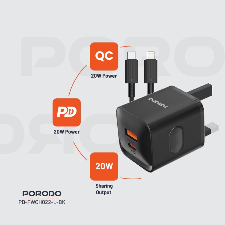Porodo PD+QC 20W Wall Charger with Type-C to Lightning Cable, Dual Port, 1.2m Cable Length, UK Plug, Simultaneous Charging, Over-Heat Protection - Black 