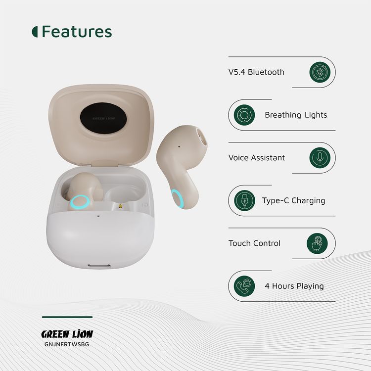 Green Lion Jenifer True Wireless Earbuds TWS, Touch Control, Voice Assistant, Breathing Lights, Clear Call Quality - Beige