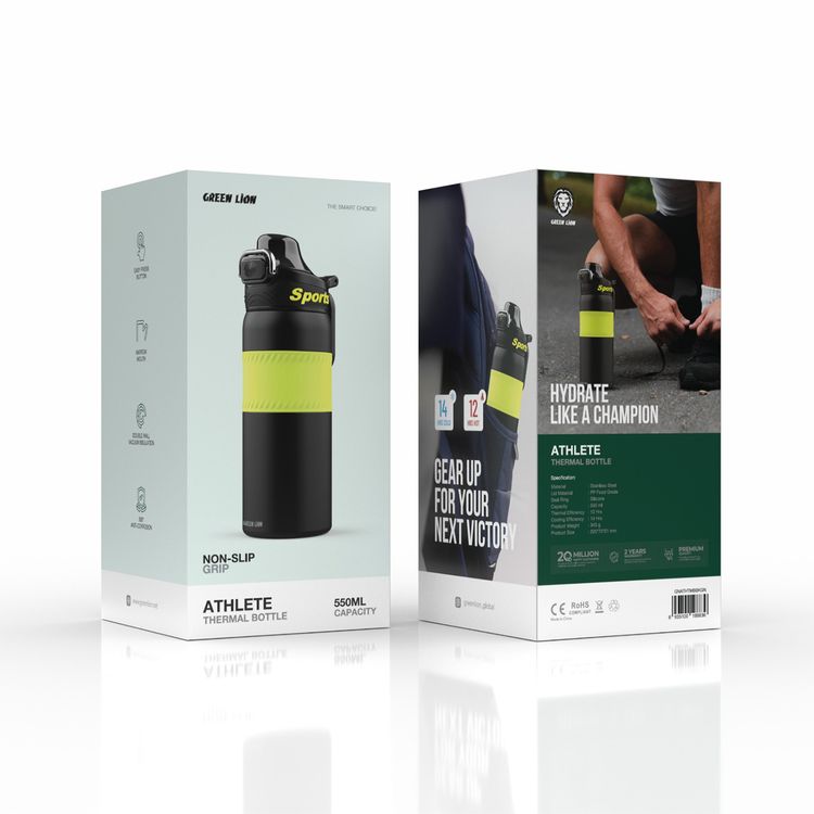 Green Lion Athlete Thermal Bottle, 550 mL Capacity, 12 Hours Thermal Efficiency, 14 Hours Cooling Efficiency, Easy Press Button, 360°-Anti-Corrosion, Non-Slip Grip - Green