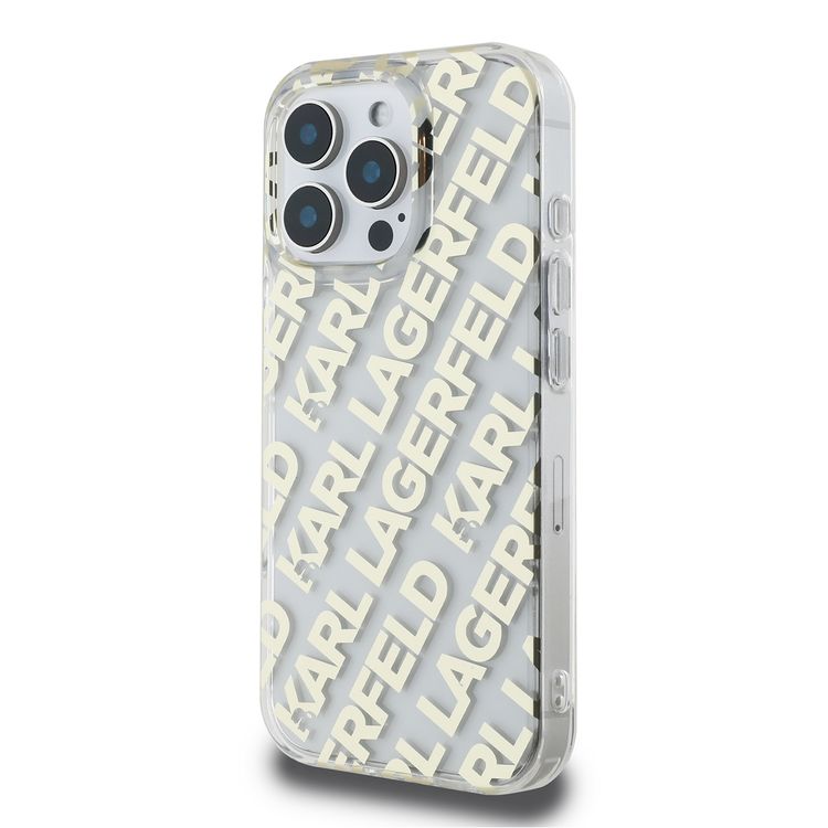 كفر Karl Lagerfeld IML الصلب مع شعار متكرر مطلي كهربائيًا لهاتف iPhone 16 Pro Max، حماية من السقوط، سهل التركيب، تغليف مستدام - ذهبي