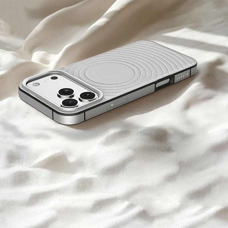 Levelo Spirale PU Leather Hybrid Case for iPhone 17 Pro, MagSafe Compatible & Strong Magnets, Impact-Resistant, Shock-Resistant Bumper, Aluminum Alloy Frame for Camera & Edges, Drop-Tested - Silverstone