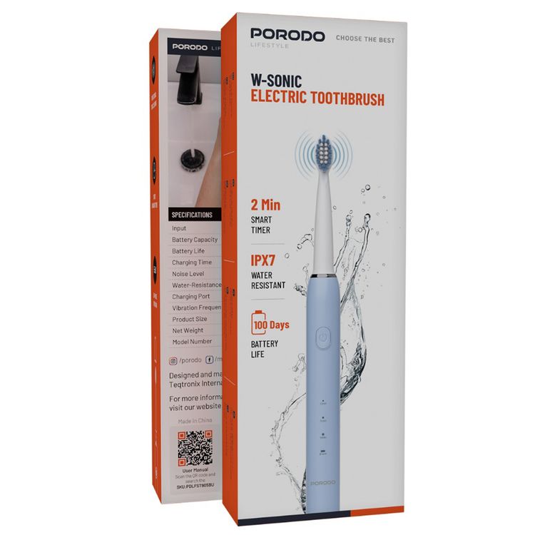 Porodo W-Sonic Electric Toothbrush with Professional Sonic Cleaning, 2 Minutes Smart Timer, 500mAh Battery Capacity, IPX7 Water Resistant, 3 Hours Charging Time, Type-C Charging Port, Up to 100 Days Battery Life, Smart Quadrant Timer - Blue