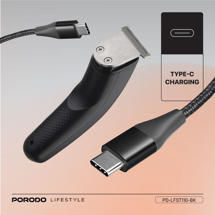 Porodo T-Blade Compact Trimmer with Stainless Steel Blade, 600mAh Battery, 1 Hour Working Time, Type-C Charging, 2 Hours Charging Time - Black