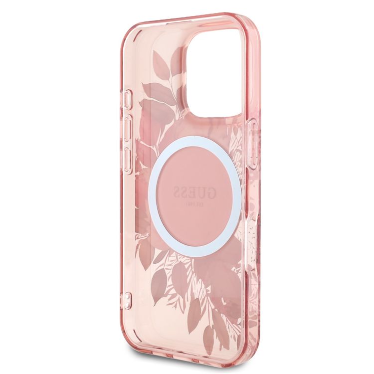 Guess Magsafe IML Transparent Hard Case with Flower Design & Tonal Circle Logo for iPhone 16 Pro Max, Lightweight, High Quality Material - Pink