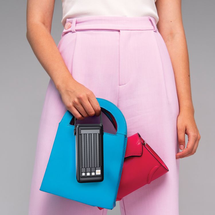 Porodo Lara 30000mAh Power Bank with Flashlight, Portable Handle, PD 20W, Fast Charging, ×2 USB-A & USB-C & Micro Ports, 4 Integrated Cables, Universal Compatibility - Black