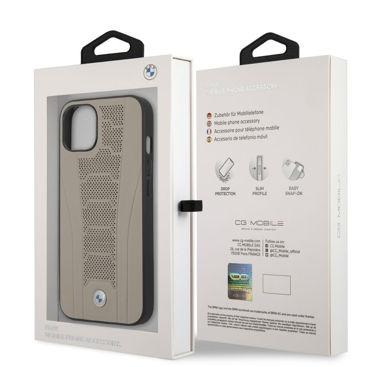CG MOBILE BMW Real Leather Hard Case Seat Pattern Tone On Tone Perforations Debossed Lines Compatible for iPhone 13 Pro Max (6.7")  - Beige
