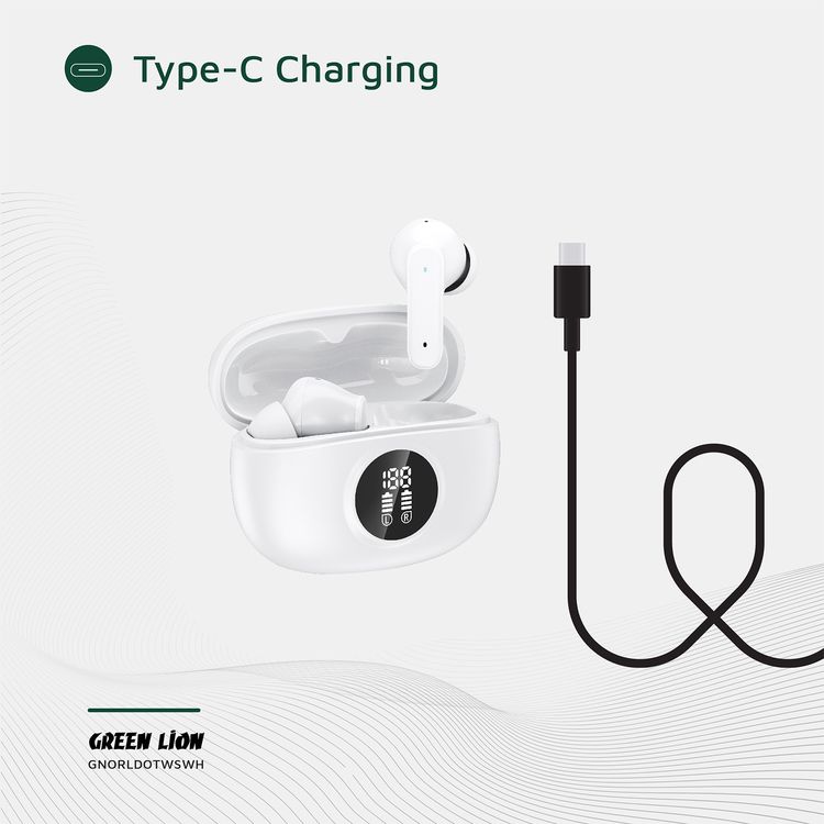 Green Lion Orlando True Wireless Earbuds with Digital Display, HiFi Sound, Built-in Microphone, Voice Assistant, 4.5 Hours Playtime, Type-C Charging - White 