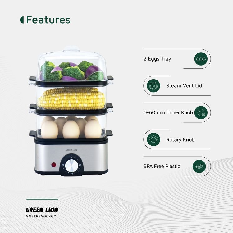 Green Lion 3-Tier Egg Cooker & Vegetable Steamer with 500mL Water Reservoir Capacity, 16 Eggs Tray Capacity, 0-60 Minutes Cooking Time, Stainless Steel Material, Polypropylene Tray Material, Steam Vent Lid, Rotary Knob, Light Indicator- Gray
