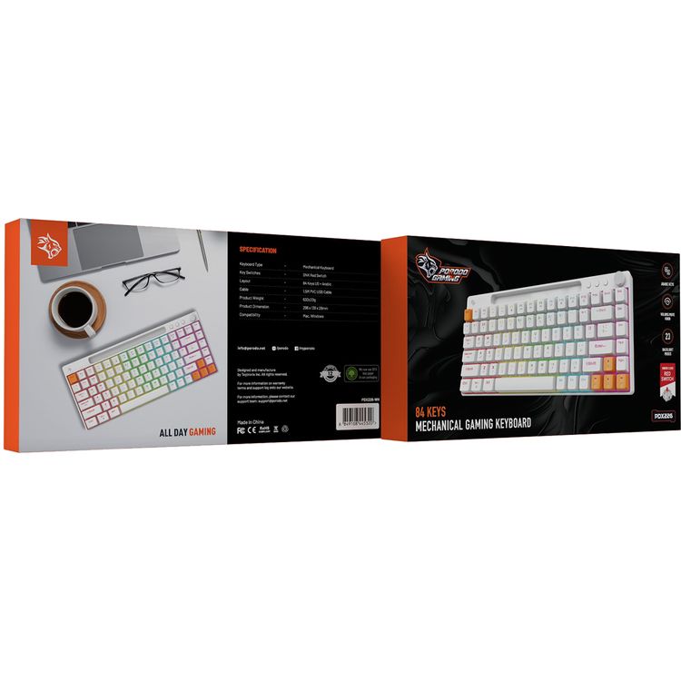 Porodo 84 Keys Mechanical Gaming Keyboard, 23 Blacklight Modes, Smooth Clicks, Arabic Keys, Compatible with Mac & Windows, Volume/Mute Knob - White