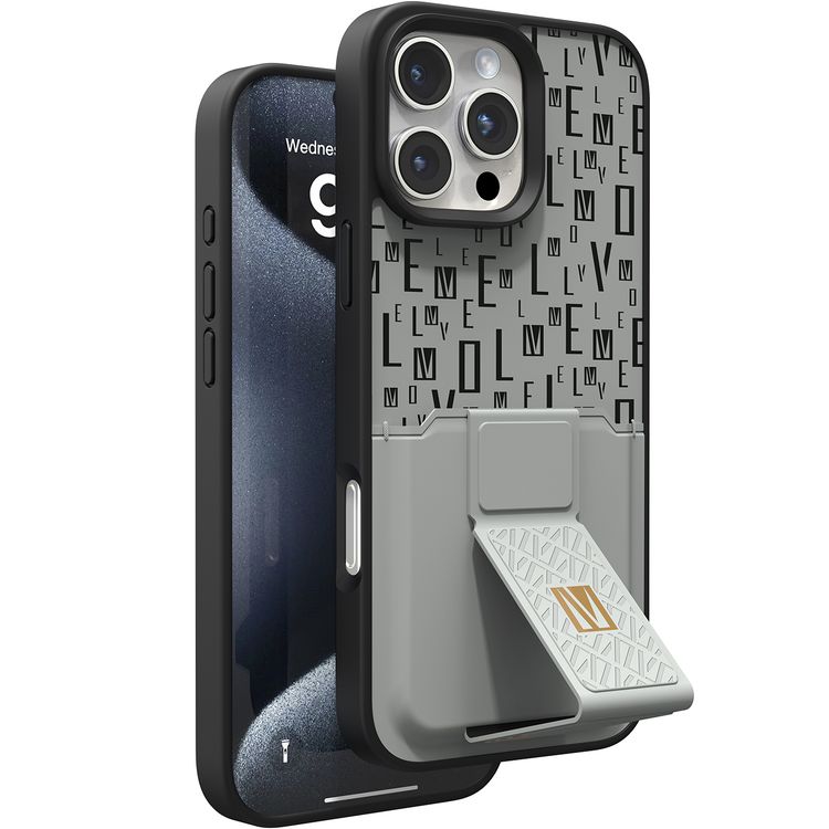 حافظة Levelo Morphix Gripstand مع حامل بطاقات لهاتف iPhone 16 Pro Max، حامل بطاقات مدمج، زوايا مقاومة للصدمات، ملمس نحيف بدون غطاء، حافة كاميرا مرتفعة، مادة فائقة المتانة - رمادي