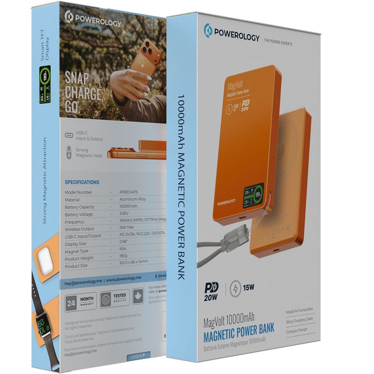 Powerology MagVolt 10000mAh Power Bank, 2.5W Watch Output, Up to 15W Phone Output, 20W Power Delivery, Ultra-Slim Design, Smart TFT Display, N54 MagSafe Compatible - Orange