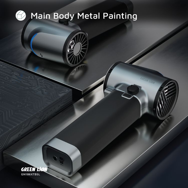 منفاخ توربو GB-186X من Green Lion بسعة بطارية 4000 مللي أمبير في الساعة، ومدة شحن 2.5 ساعة، ومدة عمل من 6 إلى 80 دقيقة، ومنفذ شحن تيار مستمر، ومادة طلاء ABS والسيليكون والمعادن - فضي