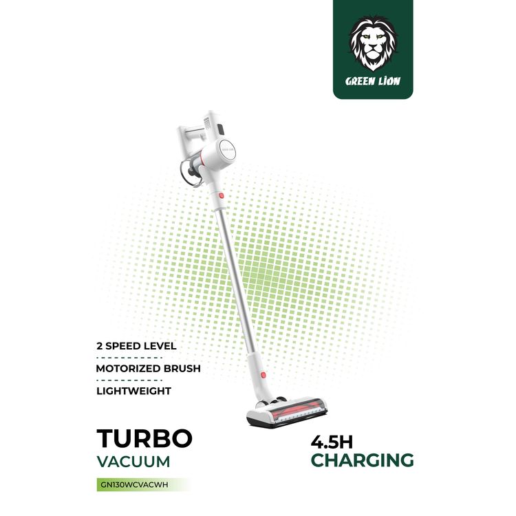 مكنسة كهربائية توربو من جرين ليون مع 3 رؤوس شفط، سعة بطارية 2200 مللي أمبير/ساعة، سعة خزان غبار 0.5 لتر، وضعان للسرعة، فلتر قابل للغسل، وقت عمل 35 دقيقة، وقت شحن 4.5 ساعة، شاشة LED - أبيض