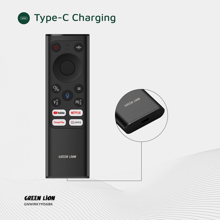 جهاز Green Lion Wireless Remote Pro مع لوحة مفاتيح وفأرة، اتصال 2.4G + بلوتوث، دقة 1200 DPI، منفذ شحن Type-C، مساعد صوتي، 61 مفتاح للوحة المفاتيح، سعة بطارية 300mAh، لوحة مفاتيح صغيرة – باللون الأسود.